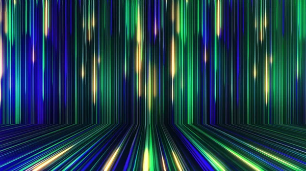 三维渲染的抽象全景霓虹灯背景与发光 彩色射线沿着几何表面运动 — 图库照片