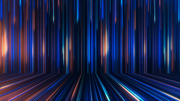 3D rendering of an abstract panoramic neon background with glowing rays. Colored rays move along a geometric surface