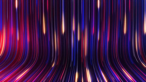 三维渲染的抽象全景霓虹灯背景与发光 彩色射线沿着几何表面运动 — 图库照片