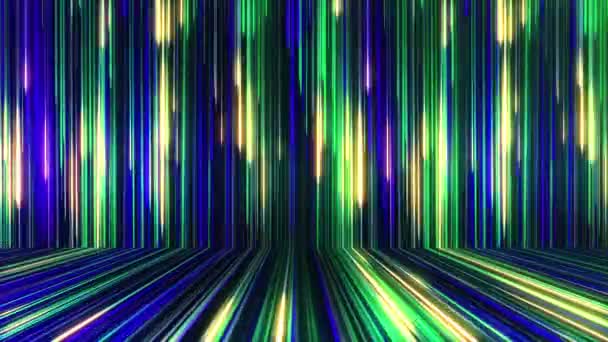 Afleiden Panoramische Neon Achtergrond Met Gloeiende Stralen Gekleurde Stralen Bewegen — Stockvideo