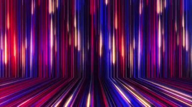 Parlayan ışınları olan bstrakt panoramik neon arka plan. Renkli ışınlar geometrik bir yüzey boyunca hareket eder. Döngülü