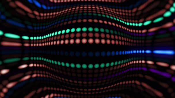 Καταπληκτικό Φωτεινό Νέον Φόντο Των Κουκκίδων Κυκλικά Φώτα Παρατάσσονται Και — Αρχείο Βίντεο