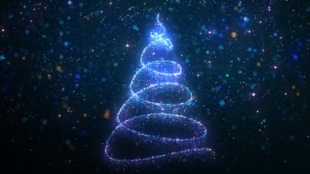 Glowing Stylized Bright Particle Christmas Tree Falling Snowflakes Background New — Vídeos de Stock