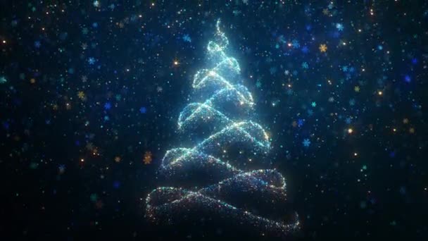 Zářící Stylizované Světlé Částice Vánoční Strom Padajícími Sněhové Vločky Pozadí — Stock video