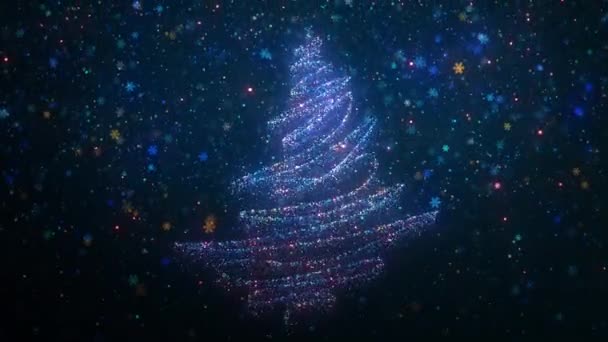 背景に雪片を落下させる様式化された明るい粒子クリスマスツリーを光る 新年のお祝いの近代的な組成 ループ状 — ストック動画