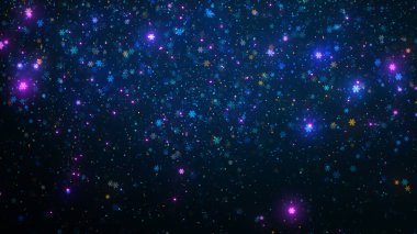 3 boyutlu, ışıl ışıl bir Noel arkaplanı ve düşen kar taneleri. Yeni yıl şenlikli modern kompozisyon