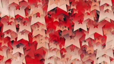 Şekillerin yıldız formunda pürüzsüz akışı. Farklı boyutlarda ve farklı hızlarda yıldızlar iniyor. Parlak arkaplan tasarımı için uygun parlak bileşim