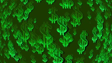 Üç boyutlu bir dolar işaretleri akışı. Uzayda farklı boyutlarda izler var. Kumarhane için parlak kompozisyon, indirimler, ekonomi, bilgi promosyonları