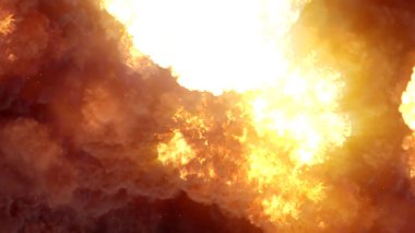 3D rendering of an impressive intense explosion on a black background. Composition of a detonating bright colorful explosion, shock wave and puffs of smoke filling the space