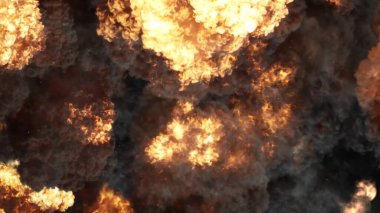 3D rendering of an impressive intense explosion on a black background. Composition of a detonating bright colorful explosion, shock wave and puffs of smoke filling the space