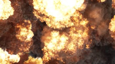3D rendering of an impressive intense explosion on a black background. Composition of a detonating bright colorful explosion, shock wave and puffs of smoke filling the space