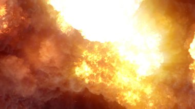 3D rendering of an impressive intense explosion on a black background. Composition of a detonating bright colorful explosion, shock wave and puffs of smoke filling the space