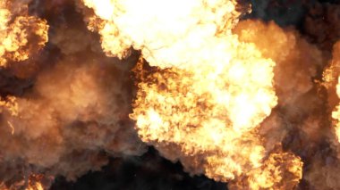 3D rendering of an impressive intense explosion on a black background. Composition of a detonating bright colorful explosion, shock wave and puffs of smoke filling the space