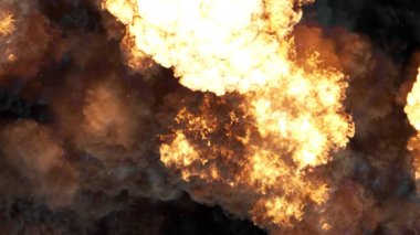 3D rendering of an impressive intense explosion on a black background. Composition of a detonating bright colorful explosion, shock wave and puffs of smoke filling the space