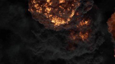 3D rendering of an impressive intense explosion on a black background. Composition of a detonating bright colorful explosion, shock wave and puffs of smoke filling the space