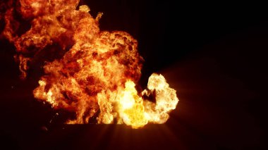 3D rendering of impressive explosions isolated on black background. Composition of several detonating bright colorful explosions, shock waves and puffs of smoke filling the space