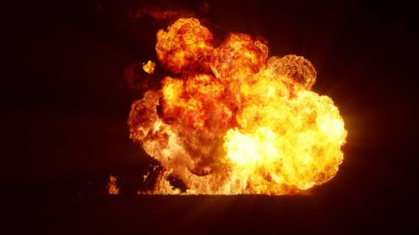 3D rendering of an impressive intense explosion on a black background. Composition of a detonating bright colorful explosion, shock wave and puffs of smoke filling the space