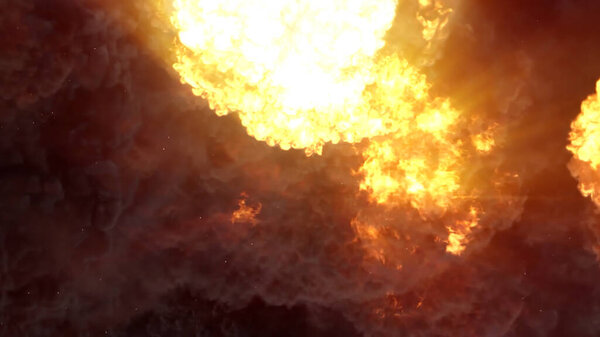 3D рендеринг впечатляющего интенсивного взрыва на черном фоне. Состав детонирующего яркого красочного взрыва, ударной волны и дыма, заполняющего пространство