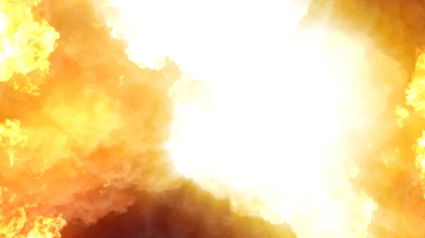 3D rendering of an impressive intense explosion on a black background. Composition of a detonating bright colorful explosion, shock wave and puffs of smoke filling the space