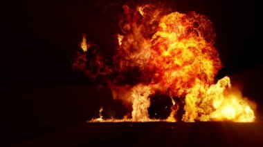 3D rendering of impressive explosions isolated on black background. Composition of several detonating bright colorful explosions, shock waves and puffs of smoke filling the space