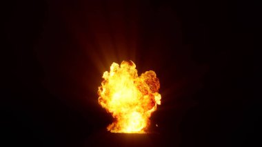 3D rendering of an impressive intense explosion on a black background. Composition of a detonating bright colorful explosion, shock wave and puffs of smoke filling the space