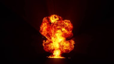 3D rendering of an impressive intense explosion on a black background. Composition of a detonating bright colorful explosion, shock wave and puffs of smoke filling the space