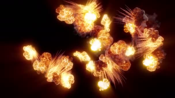 在黑色背景上孤立的一系列壮观的爆炸 随后明亮的五彩缤纷的爆炸 冲击波和充满太空的烟雾的动态组合 — 图库视频影像