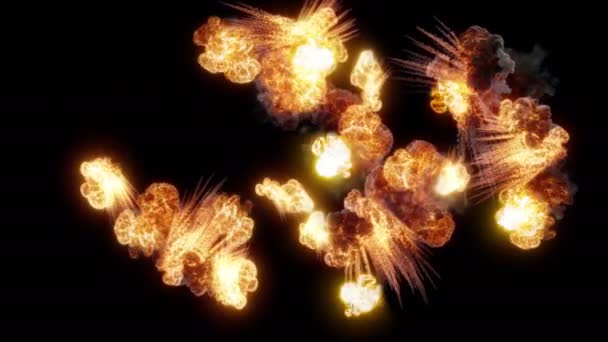 在黑色背景上孤立的一系列壮观的爆炸 随后明亮的五彩缤纷的爆炸 冲击波和充满太空的烟雾的动态组合 — 图库视频影像