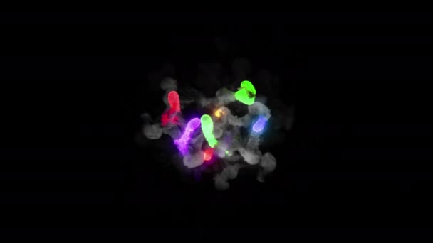 Різнокольорові Вогнепальні Кульки Літають Складній Траєкторії Яскраві Чарівні Вихорюють Випромінюють — стокове відео