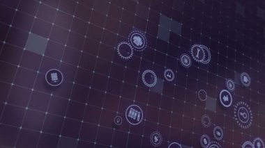 Concept of cloud technologies and server data processing. Abstract service icons send information to bigdata and data centers. Icons and badges in virtual space fill hi-tech background