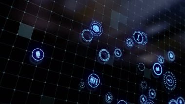 Concept of cloud technologies and server data processing. Abstract service icons send information to bigdata and data centers. Icons and badges in virtual space fill hi-tech background