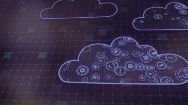 Concept of cloud technologies and server data processing. Abstract service icons send information to bigdata and data centers. Icons and badges in virtual space fill hi-tech background