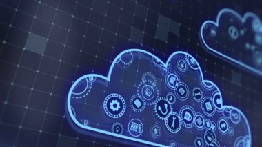 Concept of cloud technologies and server data processing. Abstract service icons send information to bigdata and data centers. Icons and badges in virtual space fill hi-tech background