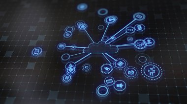 3D rendering the concept of cloud technologies and server data processing. Abstract service icons send information to bigdata and data centers. Badges in virtual space fill hi-tech background