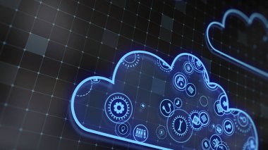 3D rendering the concept of cloud technologies and server data processing. Abstract service icons send information to bigdata and data centers. Badges in virtual space fill hi-tech background