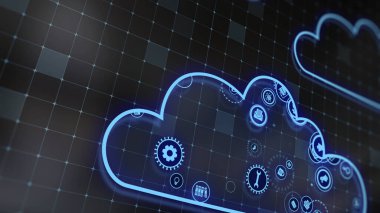 3D rendering the concept of cloud technologies and server data processing. Abstract service icons send information to bigdata and data centers. Badges in virtual space fill hi-tech background