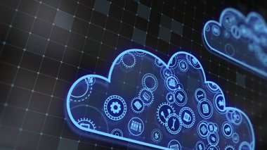 3D rendering the concept of cloud technologies and server data processing. Abstract service icons send information to bigdata and data centers. Badges in virtual space fill hi-tech background