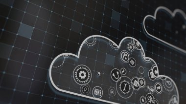 3D rendering the concept of cloud technologies and server data processing. Abstract service icons send information to bigdata and data centers. Badges in virtual space fill hi-tech background