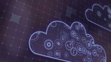 3D rendering the concept of cloud technologies and server data processing. Abstract service icons send information to bigdata and data centers. Badges in virtual space fill hi-tech background