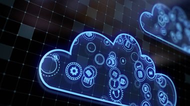 3D rendering the concept of cloud technologies and server data processing. Abstract service icons send information to bigdata and data centers. Badges in virtual space fill hi-tech background