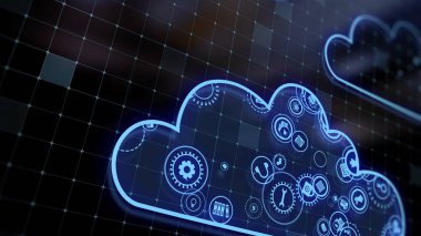 3D rendering the concept of cloud technologies and server data processing. Abstract service icons send information to bigdata and data centers. Badges in virtual space fill hi-tech background