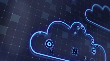 3D rendering the concept of cloud technologies and server data processing. Abstract service icons send information to bigdata and data centers. Badges in virtual space fill hi-tech background