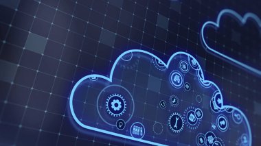 3D rendering the concept of cloud technologies and server data processing. Abstract service icons send information to bigdata and data centers. Badges in virtual space fill hi-tech background