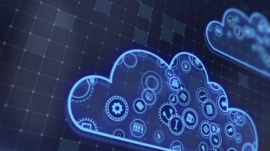 3D rendering the concept of cloud technologies and server data processing. Abstract service icons send information to bigdata and data centers. Badges in virtual space fill hi-tech background