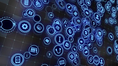 3D rendering the concept of cloud technologies and server data processing. Abstract service icons send information to bigdata and data centers. Badges in virtual space fill hi-tech background