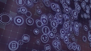 3D rendering the concept of cloud technologies and server data processing. Abstract service icons send information to bigdata and data centers. Badges in virtual space fill hi-tech background