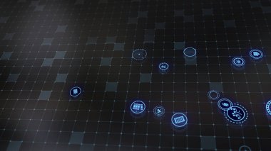 3D rendering the concept of cloud technologies and server data processing. Abstract service icons send information to bigdata and data centers. Badges in virtual space fill hi-tech background