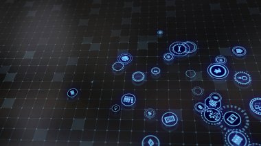 3D rendering the concept of cloud technologies and server data processing. Abstract service icons send information to bigdata and data centers. Badges in virtual space fill hi-tech background