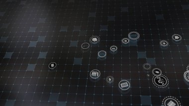 3D rendering the concept of cloud technologies and server data processing. Abstract service icons send information to bigdata and data centers. Badges in virtual space fill hi-tech background