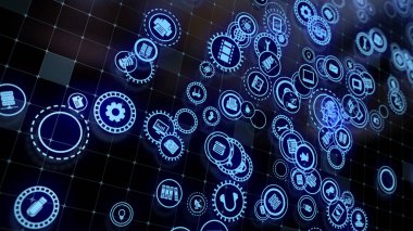 3D rendering the concept of cloud technologies and server data processing. Abstract service icons send information to bigdata and data centers. Badges in virtual space fill hi-tech background